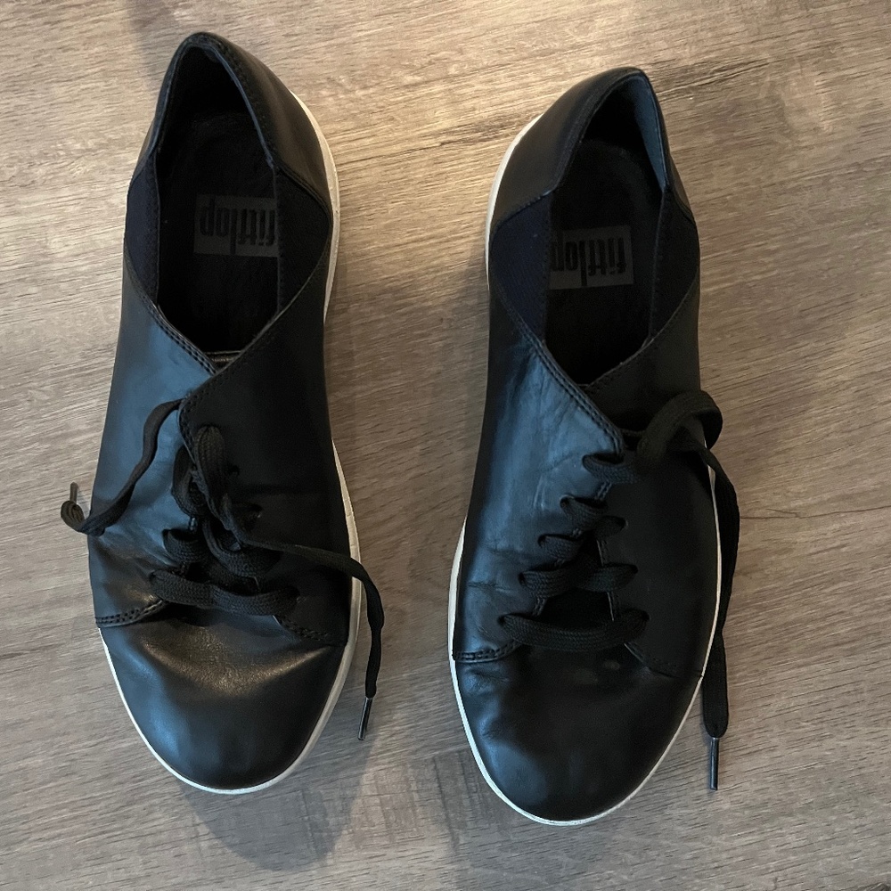 Used Fitflop Womens Black Leather Lace Up Low Top Sneakers Shoes Size 7